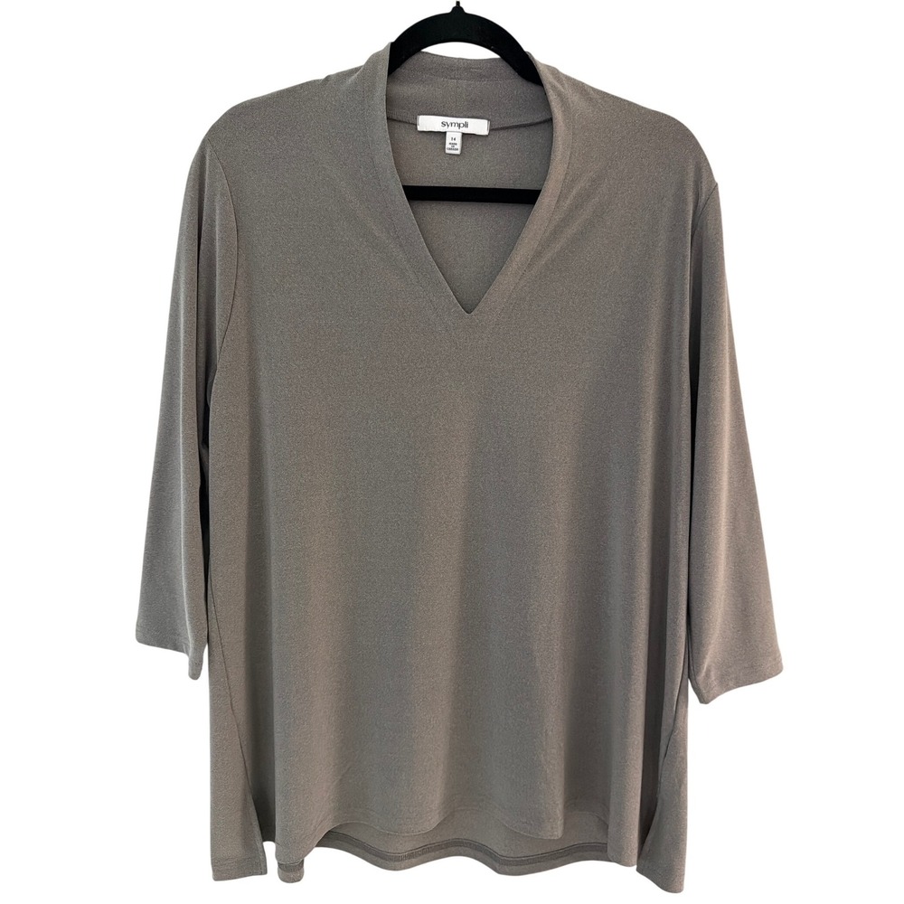 Sympli Womens 14 Taupe Grey V-Neck 3/4 Sleeve Matte Jersey Tunic Top Canada